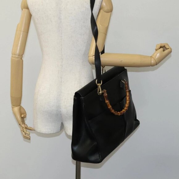 GUCCI Bamboo Hand Bag Leather 2way Black Gold - Picture 14 of 16